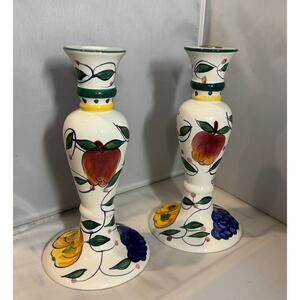 Vintage Bella Casa by Ganz candlestick holders Fruit & Leaves hand painted disc